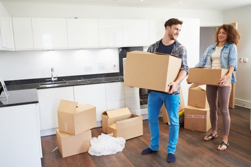 Professional movers loading a van